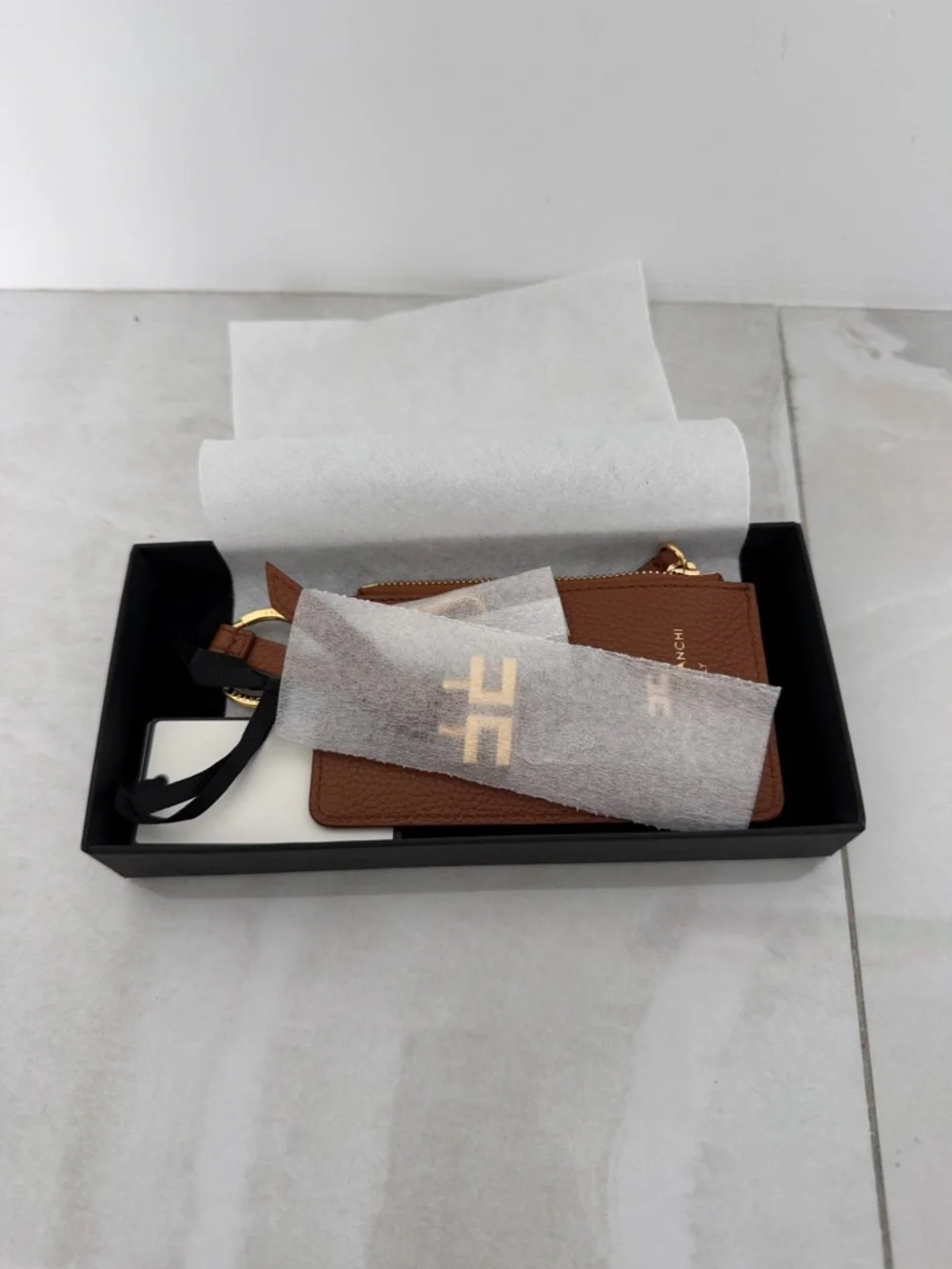 Elisabetta Franchi Cognac Leather Keychain with Zipper Case NWT In Gift Box